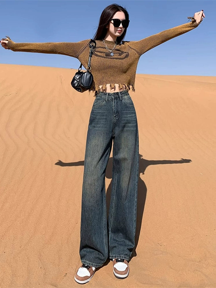 Women's Straight High-waist Oversized Slim-fit Wide-leg Jeans for Casual Outfits Everyday Office Slimming Weekend Date Night