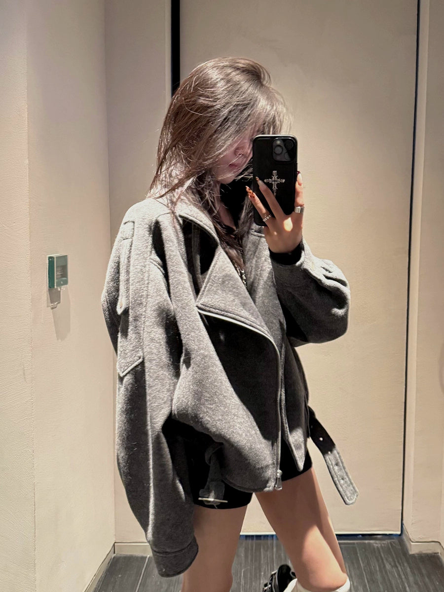 Women's Grey Petite Cropped Zip Relaxed Winter Coat for Fall Layering Travel Office Holiday Date Night