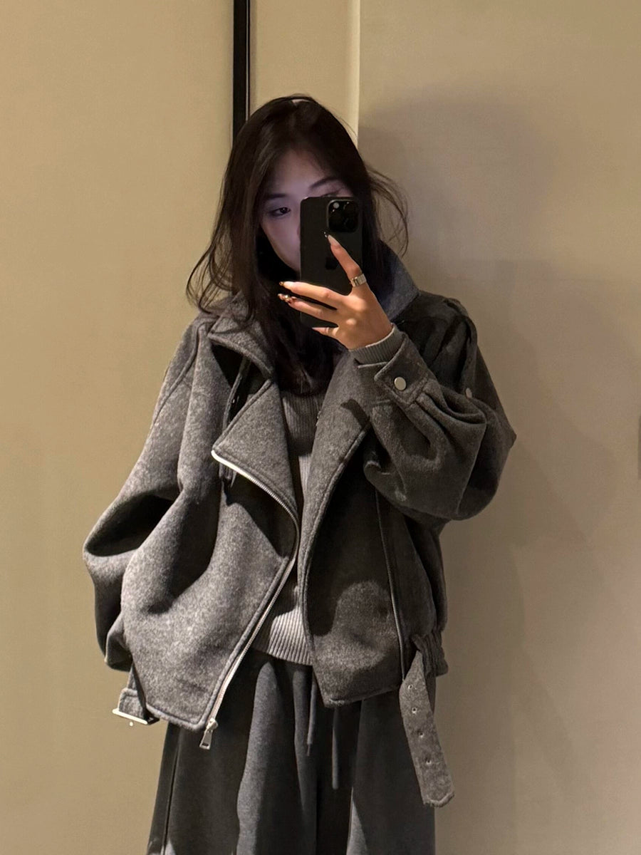 Women's Grey Petite Cropped Zip Relaxed Winter Coat for Fall Layering Travel Office Holiday Date Night