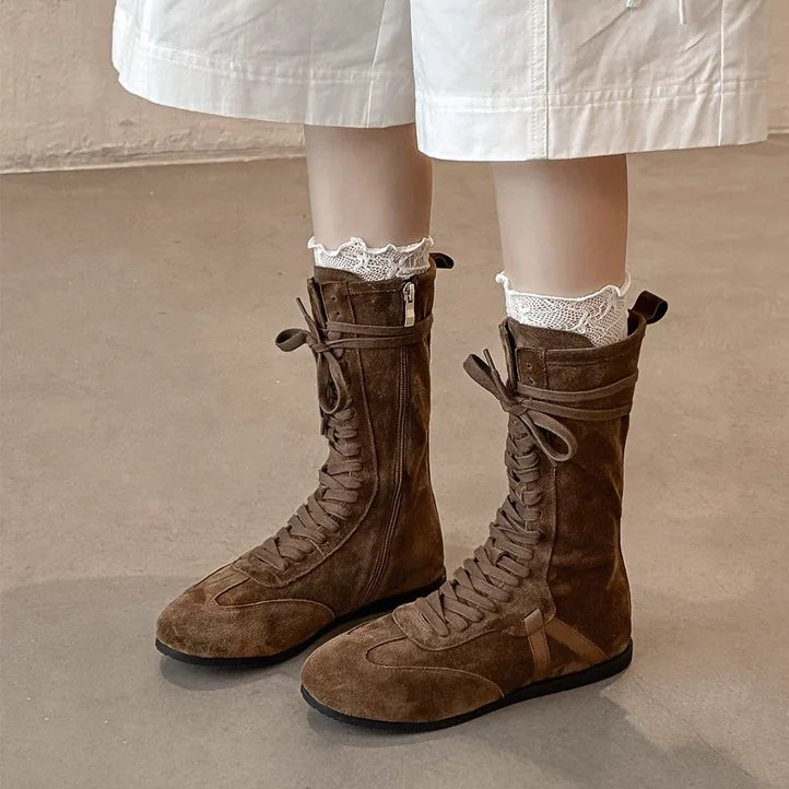 Women's Fall Winter Leather Flat Lace-Up Color-Block Casual Moto Boots Combat Ankle for Office and Weekend Streetwear Everyday Wear