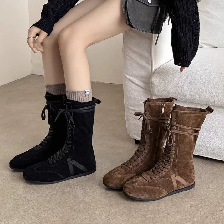 Women's Fall Winter Leather Flat Lace-Up Color-Block Casual Moto Boots Combat Ankle for Office and Weekend Streetwear Everyday Wear