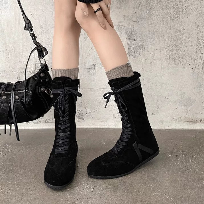 Women's Fall Winter Leather Flat Lace-Up Color-Block Casual Moto Boots Combat Ankle for Office and Weekend Streetwear Everyday Wear