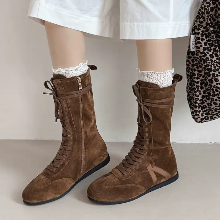 Women's Fall Winter Leather Flat Lace-Up Color-Block Casual Moto Boots Combat Ankle for Office and Weekend Streetwear Everyday Wear