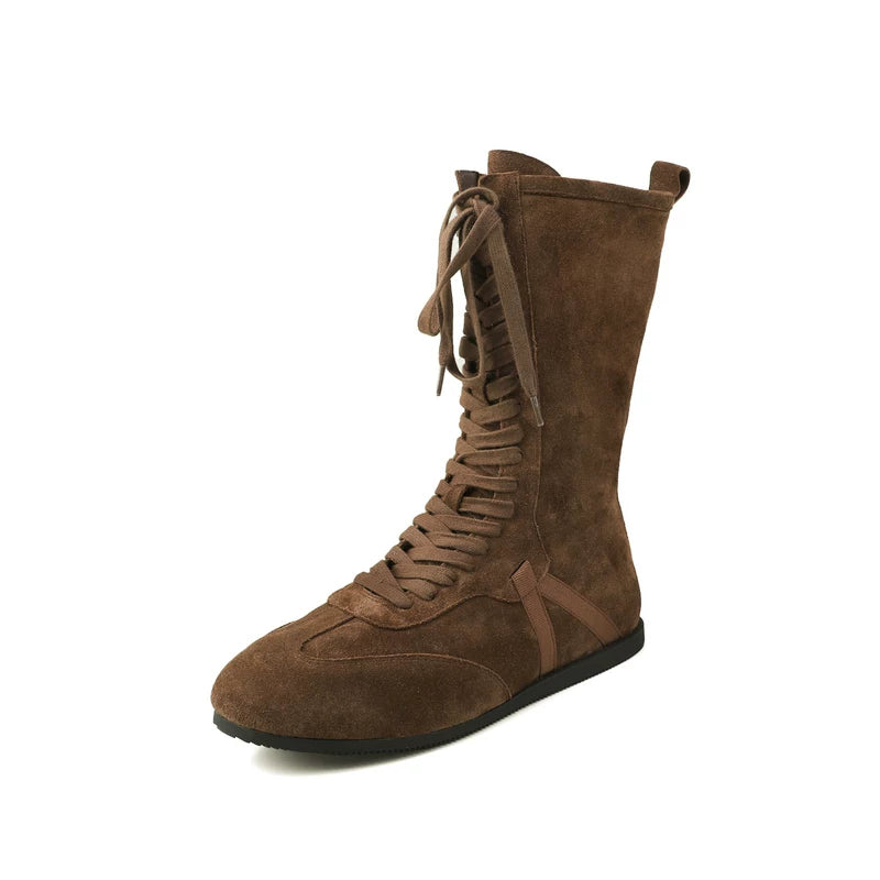Women's Fall Winter Leather Flat Lace-Up Color-Block Casual Moto Boots Combat Ankle for Office and Weekend Streetwear Everyday Wear