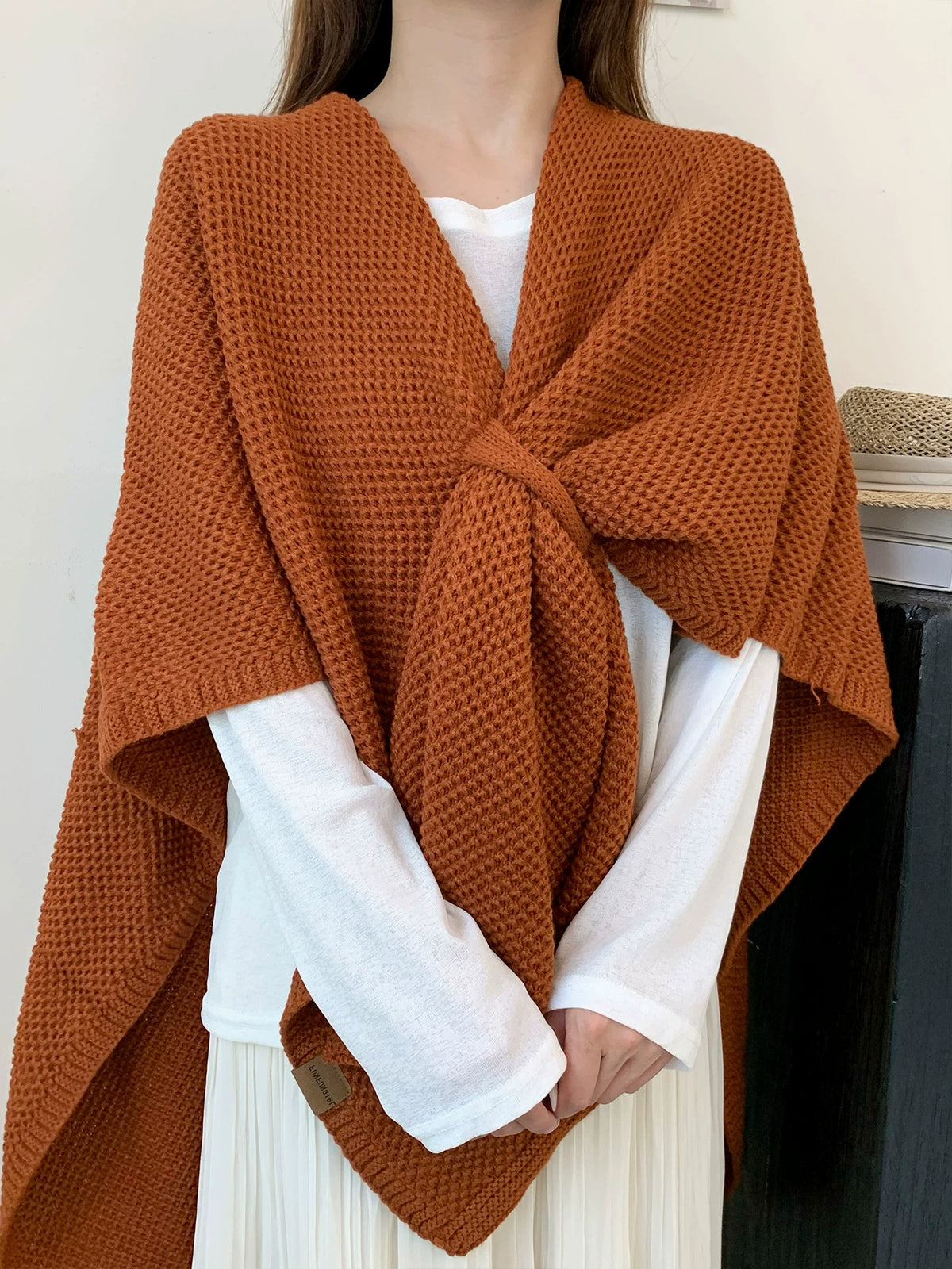 Women's Fall Winter Fleece-Lined Vintage Knit Shawl for Office and Travel Evening Gift Holiday Gift