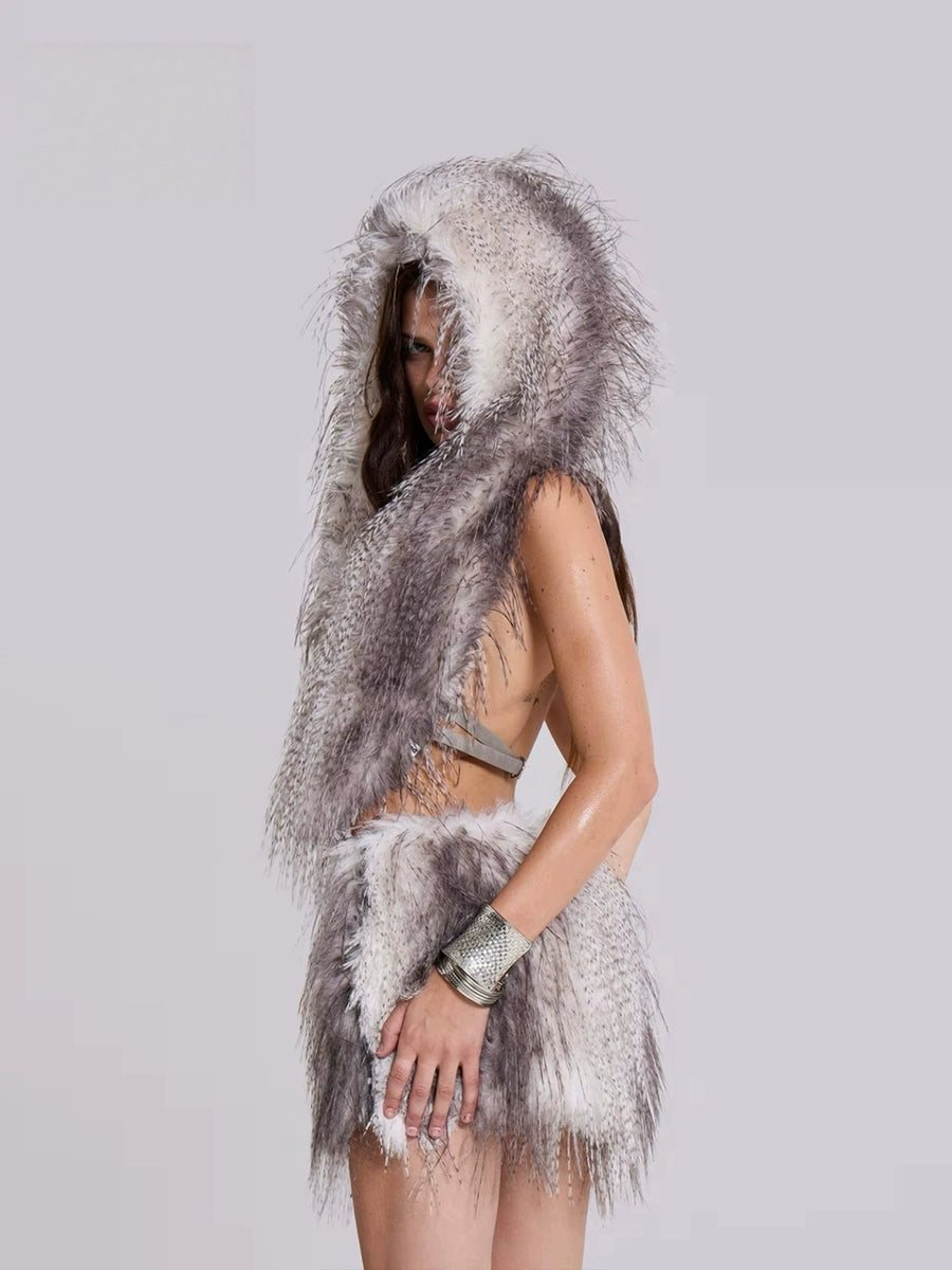 Women's V-Neck Fuzzy Open-Back Hooded Color-Block Vacation Sleeveless Vest for Cold Weather Fall Winter