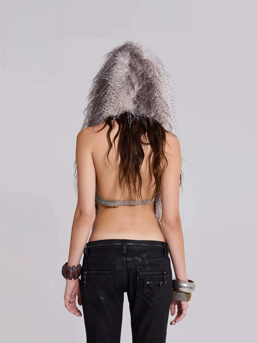 Women's V-Neck Fuzzy Open-Back Hooded Color-Block Vacation Sleeveless Vest for Cold Weather Fall Winter