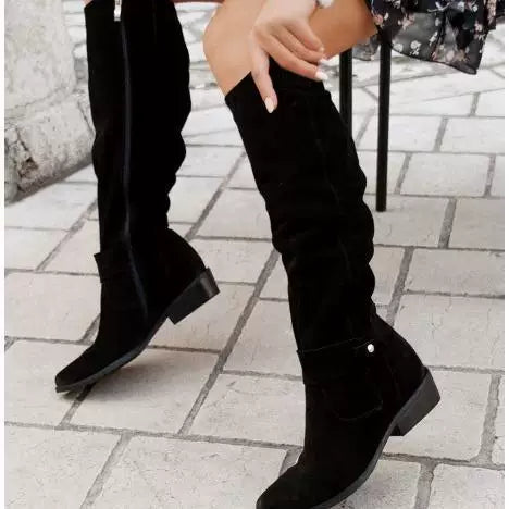 Women's Winter Suede Low Heel Plus Size Side Zip Boots for Fall Outfits Streetwear Office and Weekend Everyday Wear