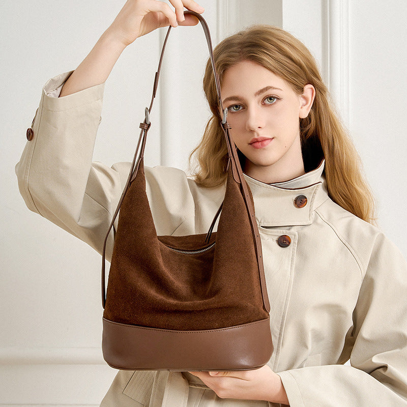 Women's Large-capacity Commuter Office Leather Workwear Bucket Bag Drawstring Shoulder Purse Hobo for Everyday Use Travel Premium