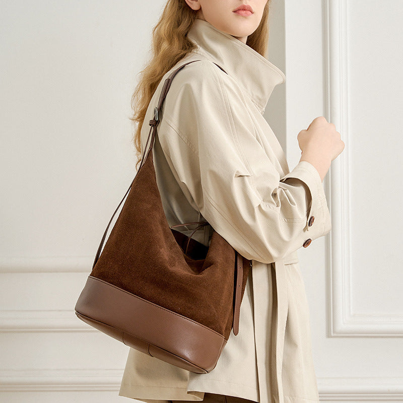 Women's Large-capacity Commuter Office Leather Workwear Bucket Bag Drawstring Shoulder Purse Hobo for Everyday Use Travel Premium