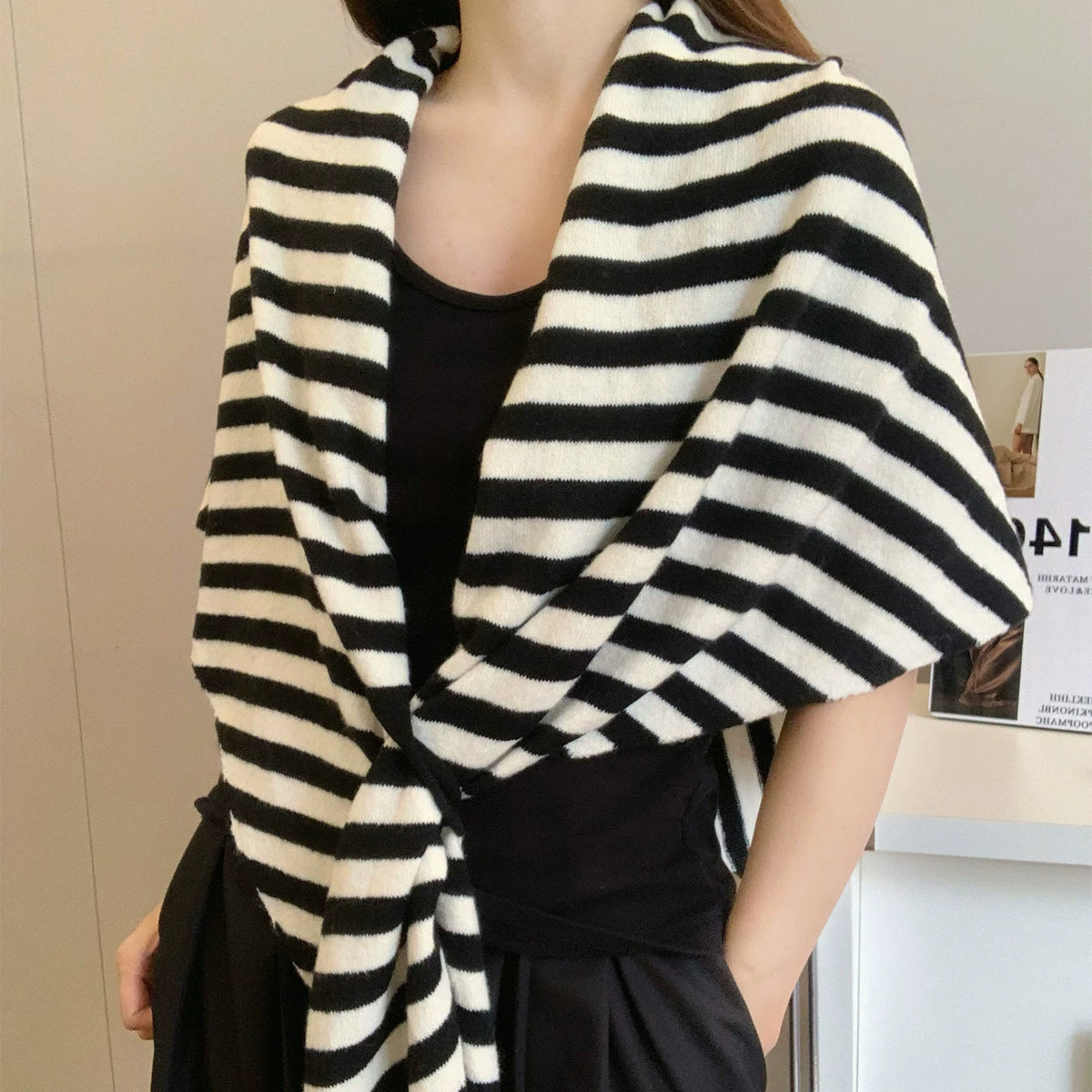 Women's Fall Winter Striped Fleece-Lined Knit Shawl for Office and Travel Evening Gift Holiday Gift