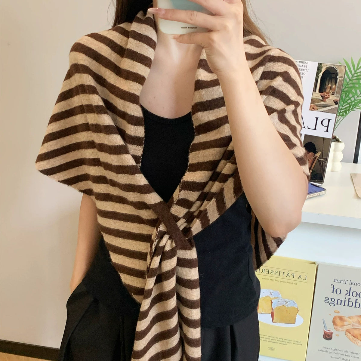 Women's Fall Winter Striped Fleece-Lined Knit Shawl for Office and Travel Evening Gift Holiday Gift