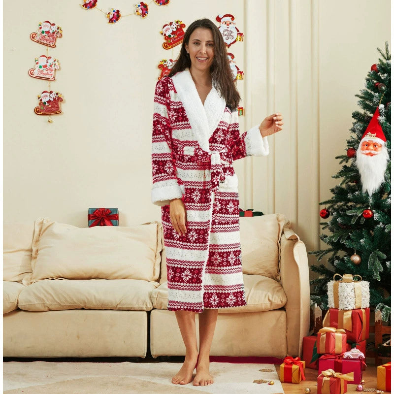 Santa Print Flannel Robe for Women, Warm Long Sleeve Holiday Sleepwear and Cozy Winter Homewear