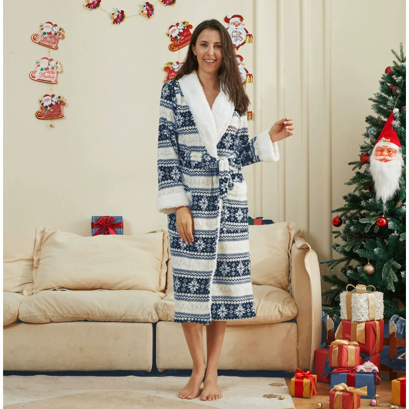 Santa Print Flannel Robe for Women, Warm Long Sleeve Holiday Sleepwear and Cozy Winter Homewear