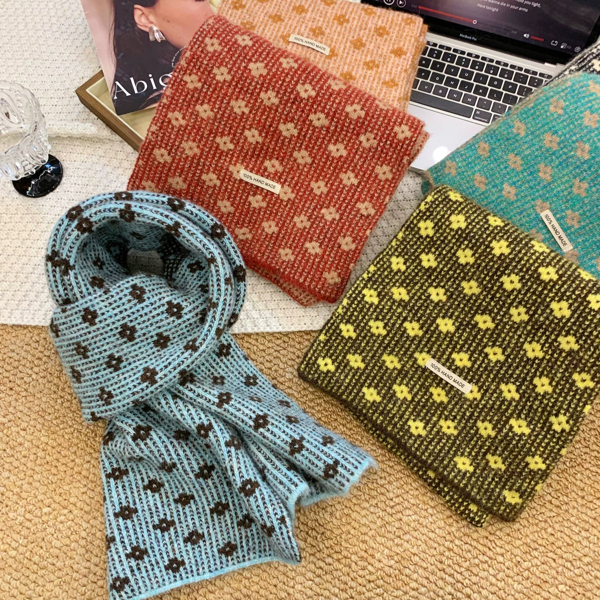 Women's Fall Winter Floral Fleece-Lined Korean-Style Knit Scarf for Office and Travel Evening Gift Holiday Gift