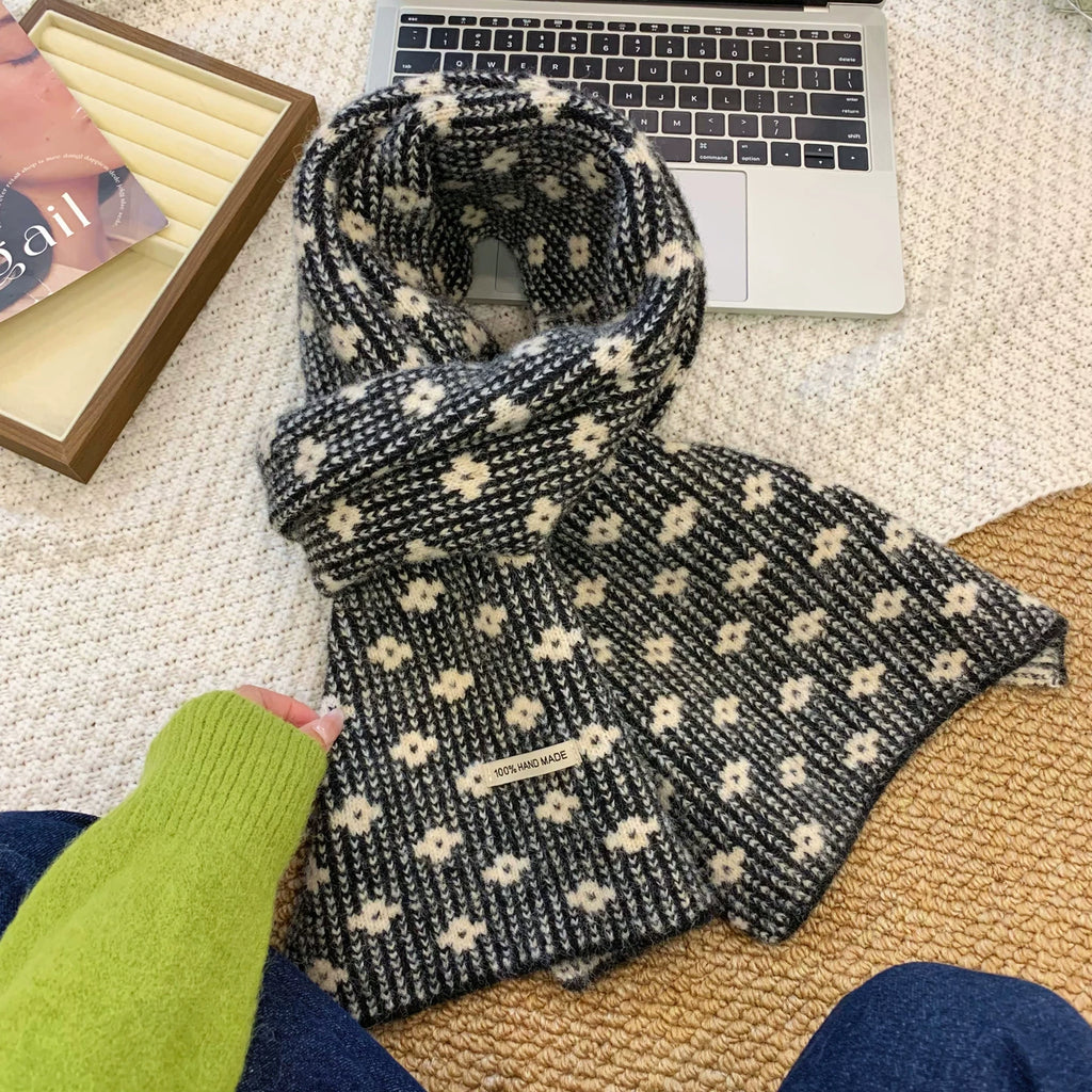 Women's Fall Winter Floral Fleece-Lined Korean-Style Knit Scarf for Office and Travel Evening Gift Holiday Gift