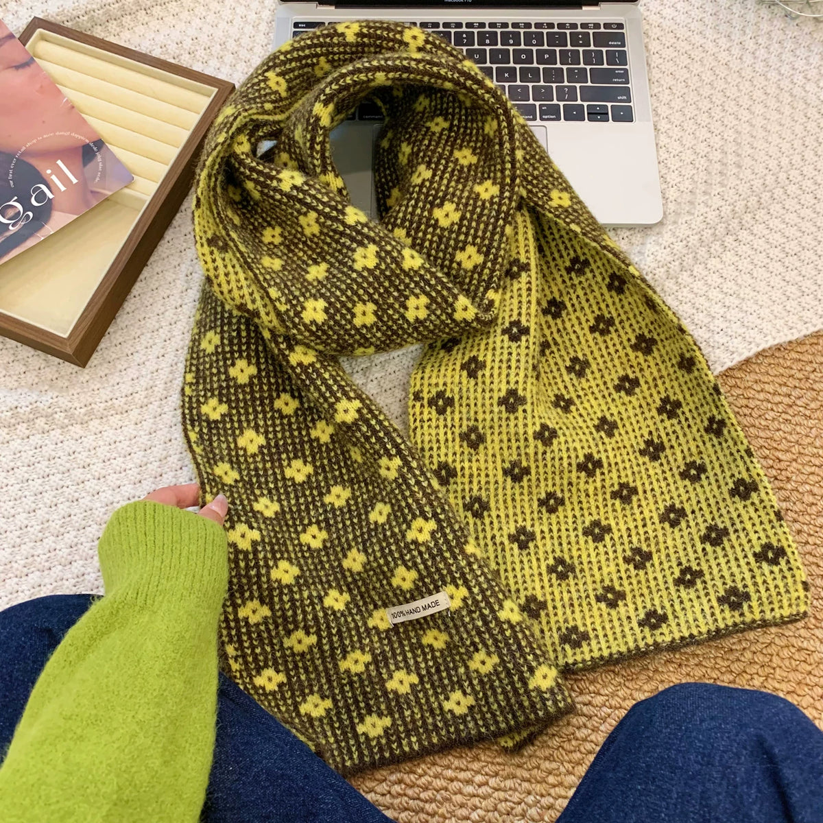 Women's Fall Winter Floral Fleece-Lined Korean-Style Knit Scarf for Office and Travel Evening Gift Holiday Gift