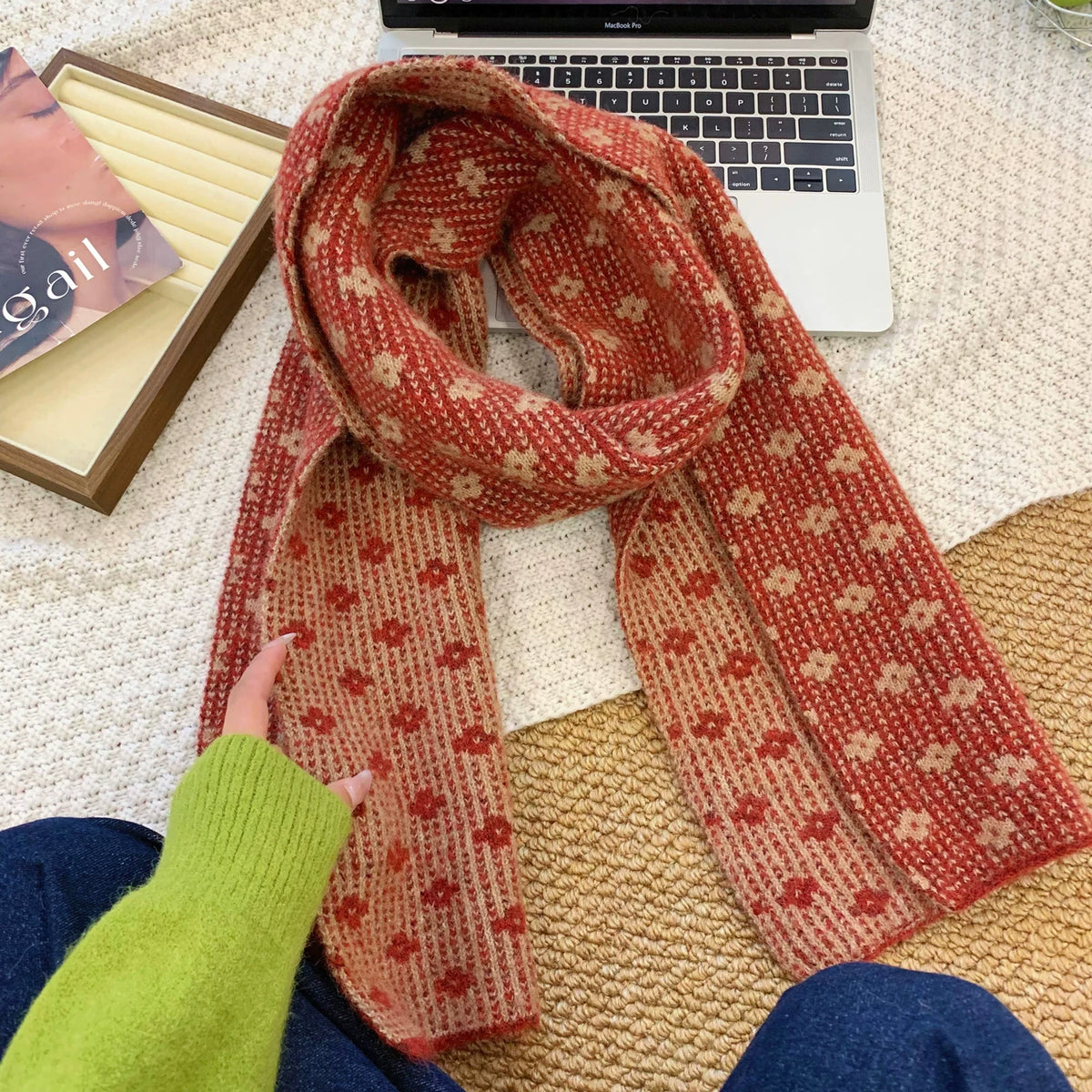 Women's Fall Winter Floral Fleece-Lined Korean-Style Knit Scarf for Office and Travel Evening Gift Holiday Gift