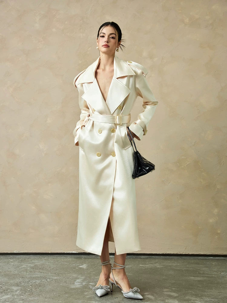 Women's Satin Longline Double-Breasted French-Inspired Retro Trench Coat for Fall Layering Travel Office Holiday Date Night