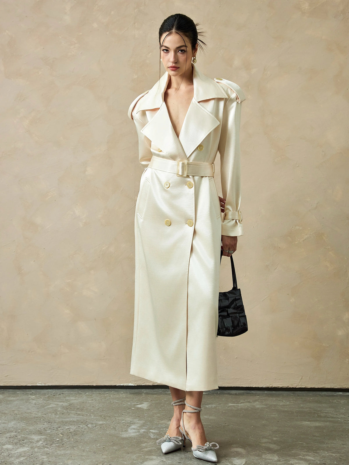 Women's Satin Longline Double-Breasted French-Inspired Retro Trench Coat for Fall Layering Travel Office Holiday Date Night