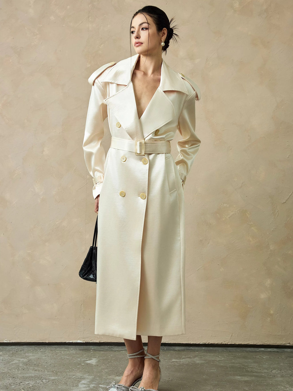 Women's Satin Longline Double-Breasted French-Inspired Retro Trench Coat for Fall Layering Travel Office Holiday Date Night