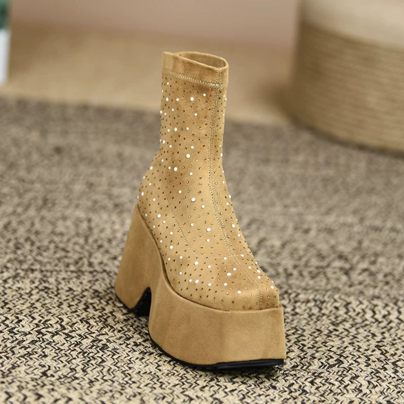 Women's Fall Winter Chunky Sole Crystal Wedge High Heel Ankle Boots for Office and Weekend Streetwear Everyday Wear