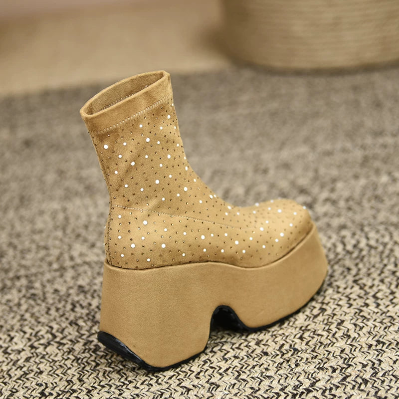 Women's Fall Winter Chunky Sole Crystal Wedge High Heel Ankle Boots for Office and Weekend Streetwear Everyday Wear