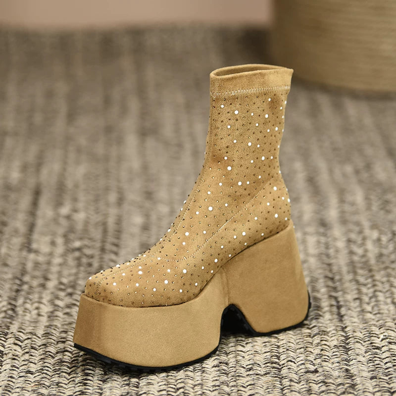Women's Fall Winter Chunky Sole Crystal Wedge High Heel Ankle Boots for Office and Weekend Streetwear Everyday Wear