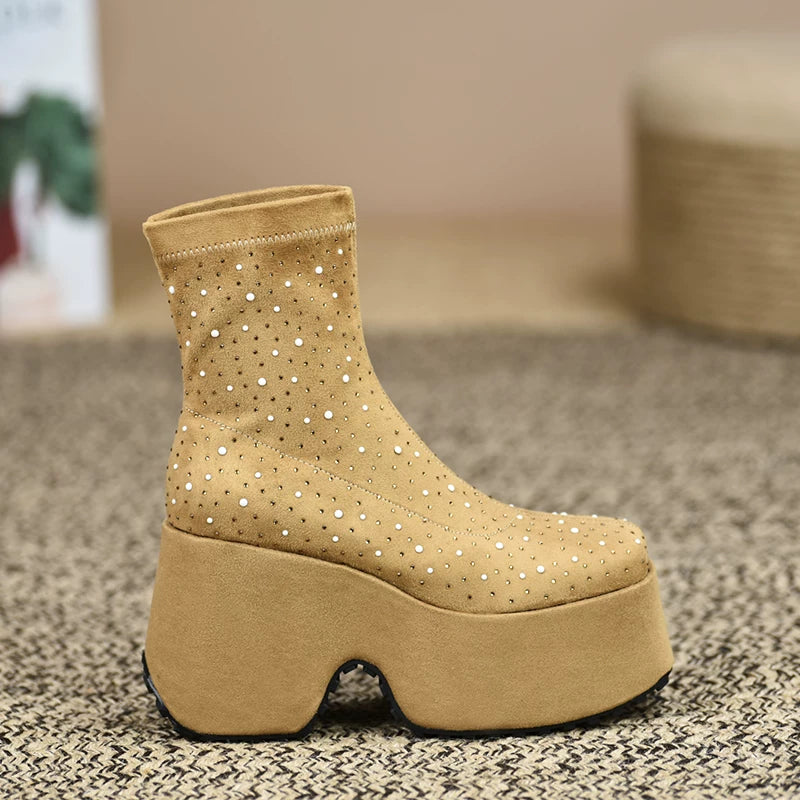 Women's Fall Winter Chunky Sole Crystal Wedge High Heel Ankle Boots for Office and Weekend Streetwear Everyday Wear