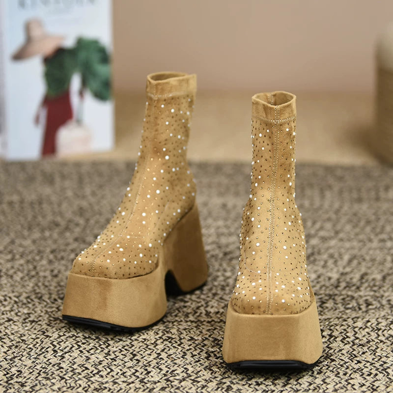 Women's Fall Winter Chunky Sole Crystal Wedge High Heel Ankle Boots for Office and Weekend Streetwear Everyday Wear