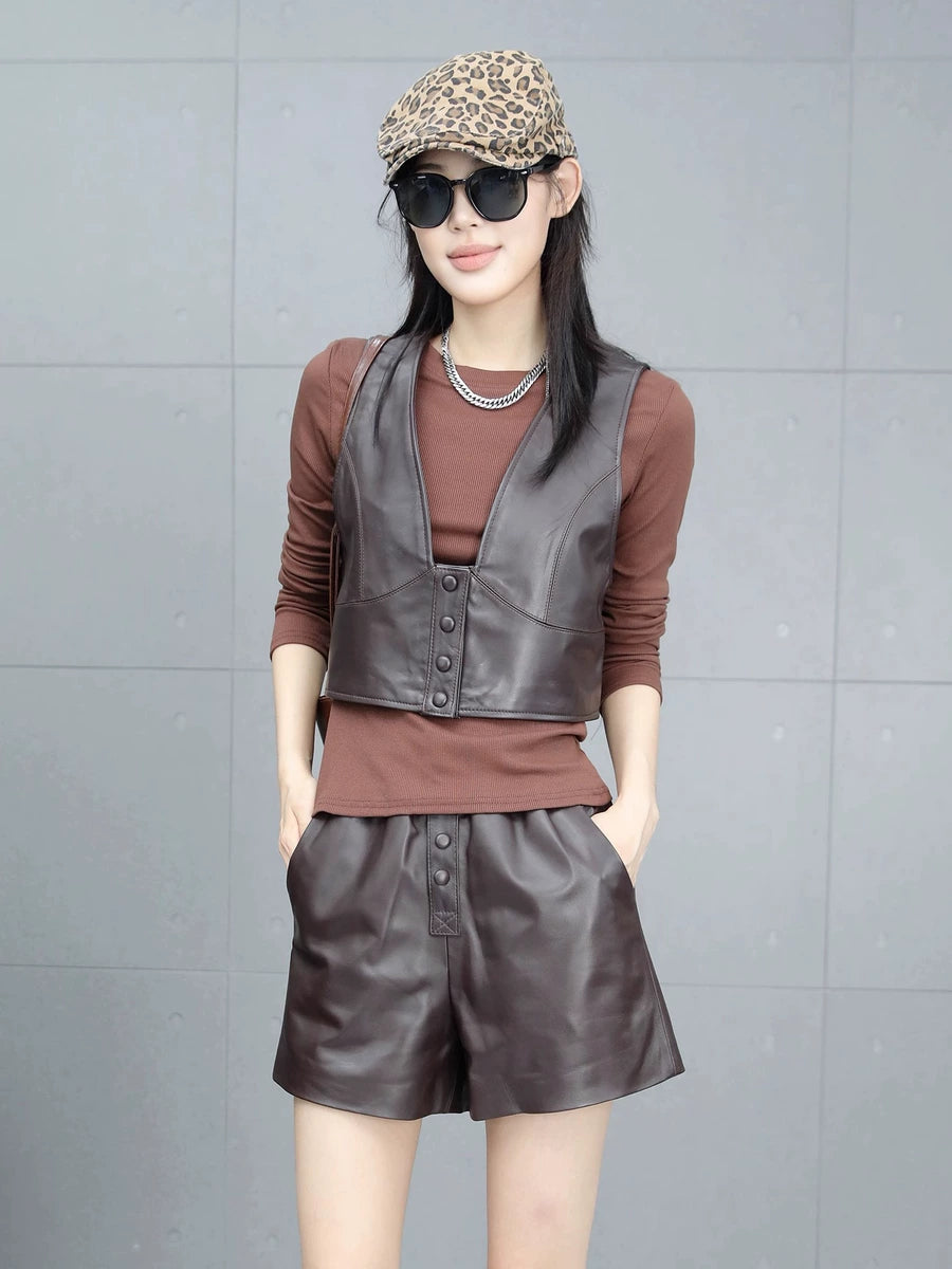 Women's Waxed Vest Slim-Fit Leather Cropped for Date Night Holiday Party Spring Summer