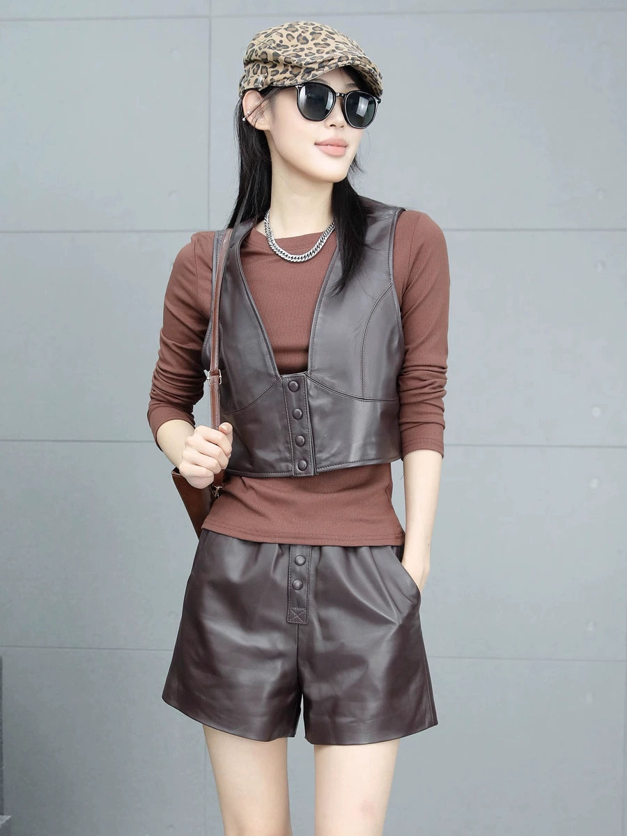 Women's Waxed Vest Slim-Fit Leather Cropped for Date Night Holiday Party Spring Summer