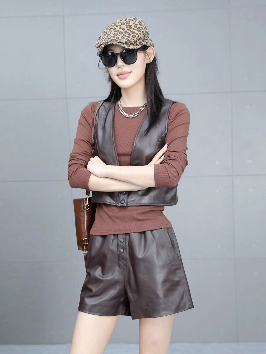 Women's Waxed Vest Slim-Fit Leather Cropped for Date Night Holiday Party Spring Summer