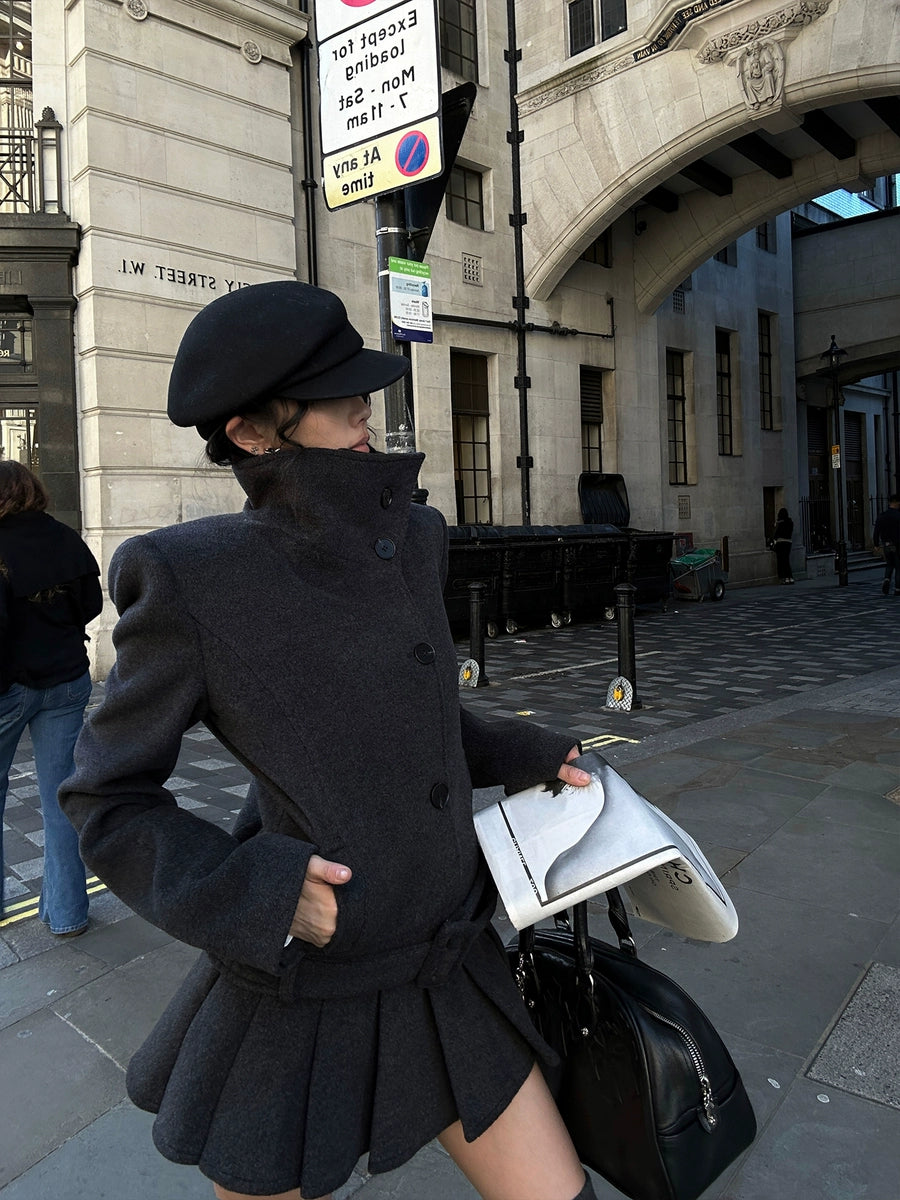 Women's Slim-Waist Grey Slim-Fit Mandarin Collar Petite Cropped Winter Coat for Fall Layering Travel Office Holiday Date Night