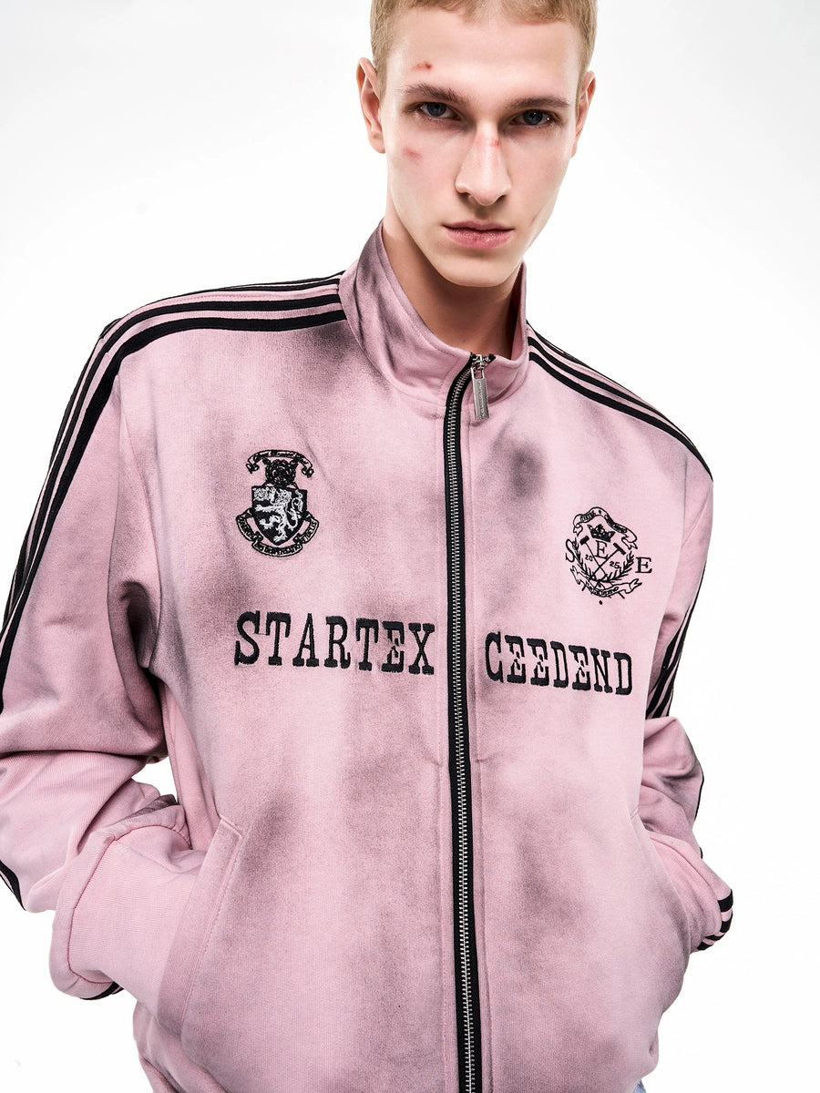 Men's American-Style Oxidized Fall Winter Pink Mandarin Collar Hoodie Sweatshirt for Casual Streetwear Travel and Weekend