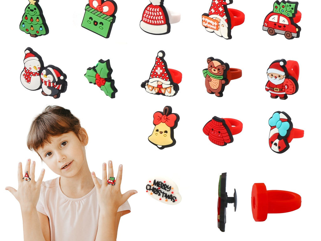 Christmas Ring Set, Holiday Rings, 4-Ki Assorted Holiday Party Favor Pack, Stocking Stuffers and Gift Exchange Present for Kids and Adults