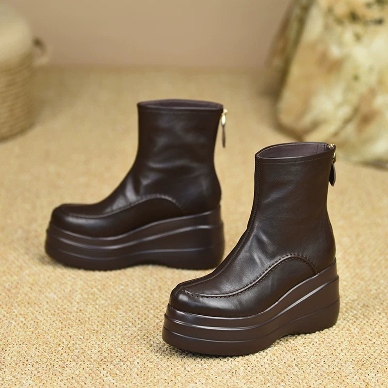 Women's Fall Winter Chunky Sole Wedge High Heel Petite Ankle Boots for Office and Weekend Streetwear Everyday Wear