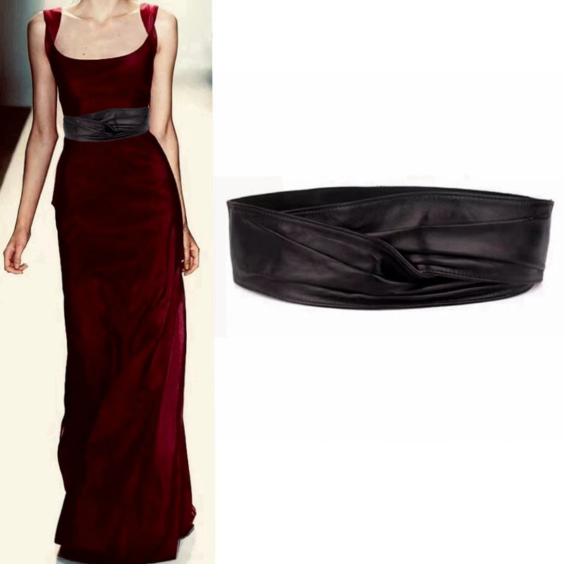 Women's Black Leather Wide Waist Belt Dress for Date Night Gift Party Designer Office Everyday