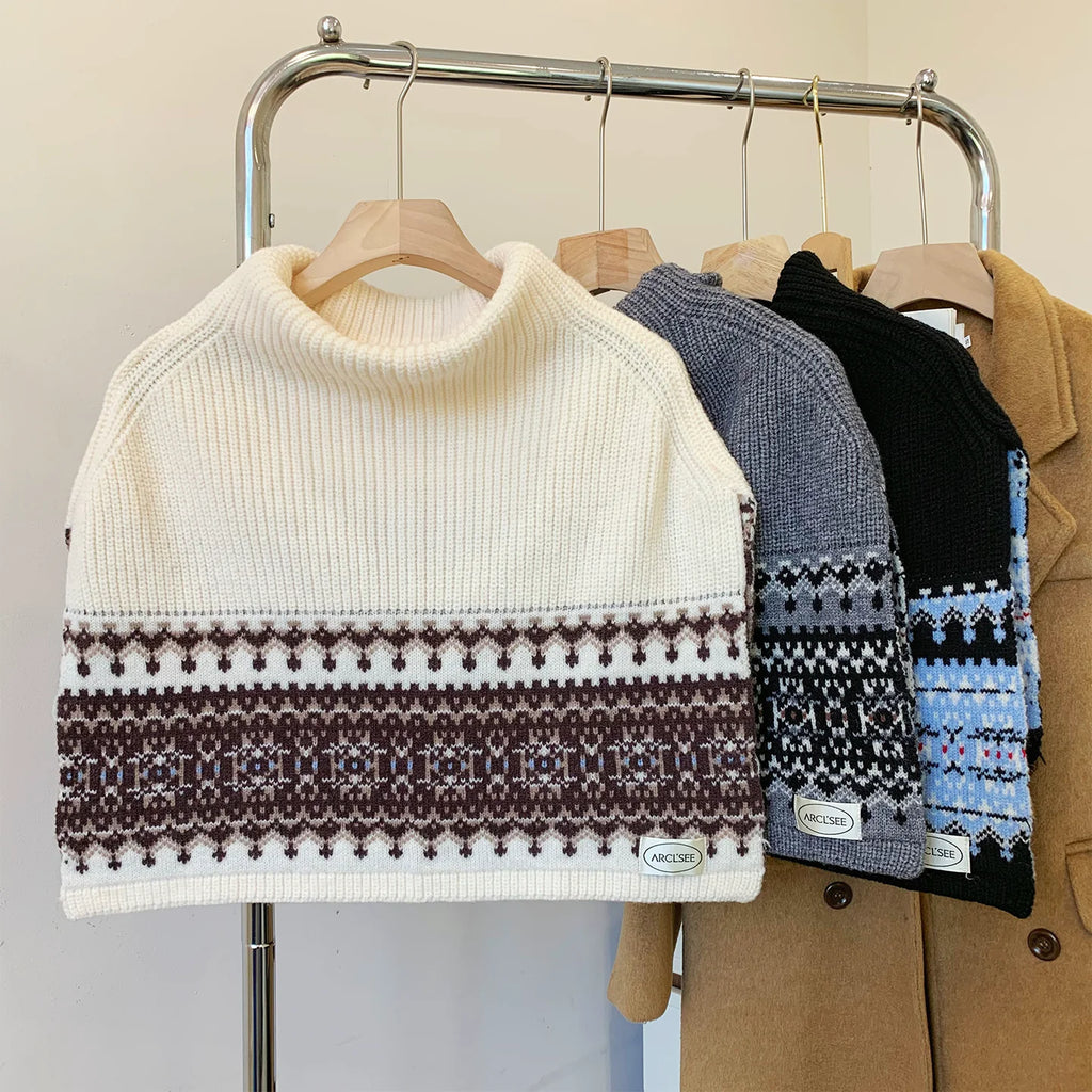 Women's Turtleneck Fall Winter Fleece-Lined Retro Knit Shawl for Office and Travel Evening Gift
