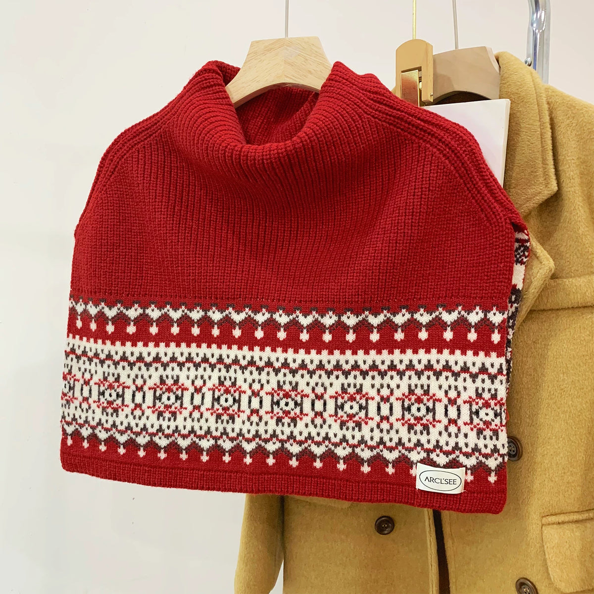 Women's Turtleneck Fall Winter Fleece-Lined Retro Knit Shawl for Office and Travel Evening Gift