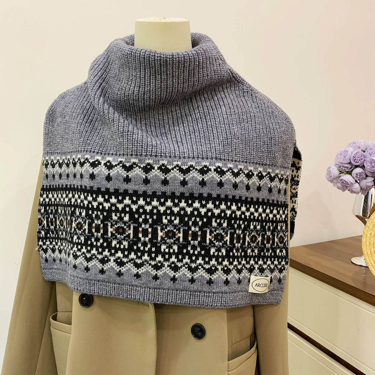 Women's Turtleneck Fall Winter Fleece-Lined Retro Knit Shawl for Office and Travel Evening Gift