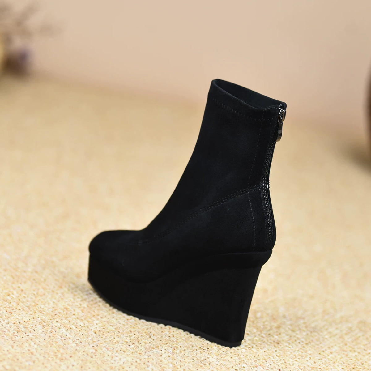 Women's Fall Winter Chunky Sole Wedge High Heel Petite Ankle Boots for Office and Weekend Streetwear Everyday Wear