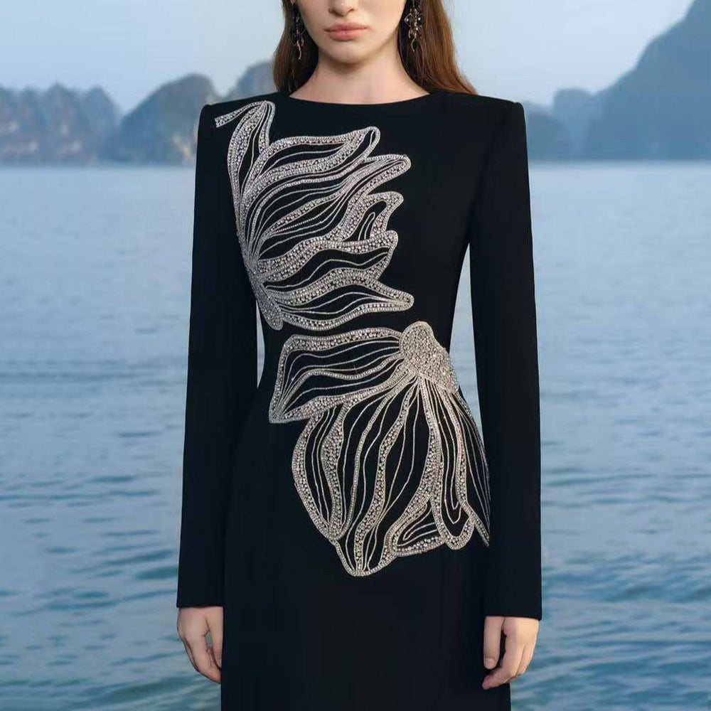 Women's Stretch Heavy-Duty Maxi Crystal Evening Dress Formal Midi Dress for Black Tie Wedding Guest Cocktail Party Prom Date Night