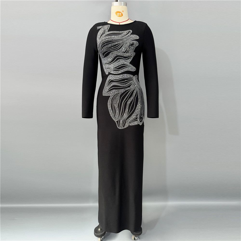 Women's Stretch Heavy-Duty Maxi Crystal Evening Dress Formal Midi Dress for Black Tie Wedding Guest Cocktail Party Prom Date Night