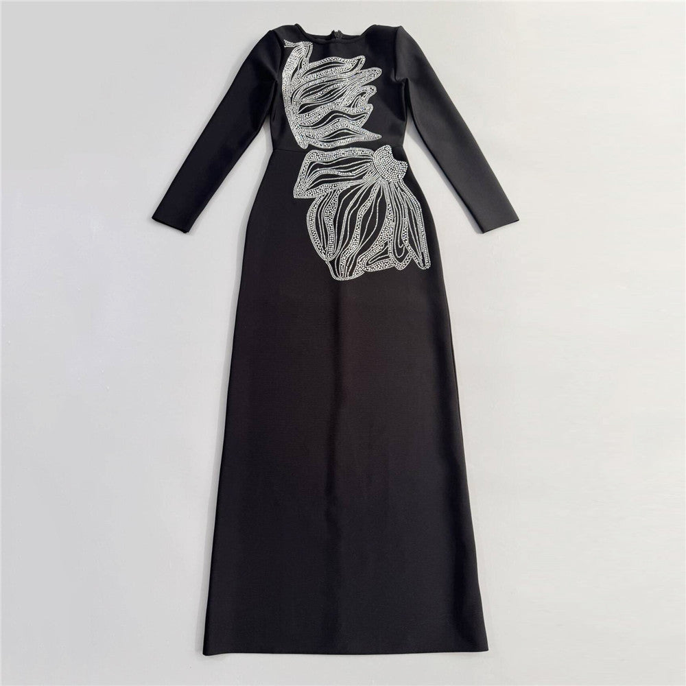 Women's Stretch Heavy-Duty Maxi Crystal Evening Dress Formal Midi Dress for Black Tie Wedding Guest Cocktail Party Prom Date Night