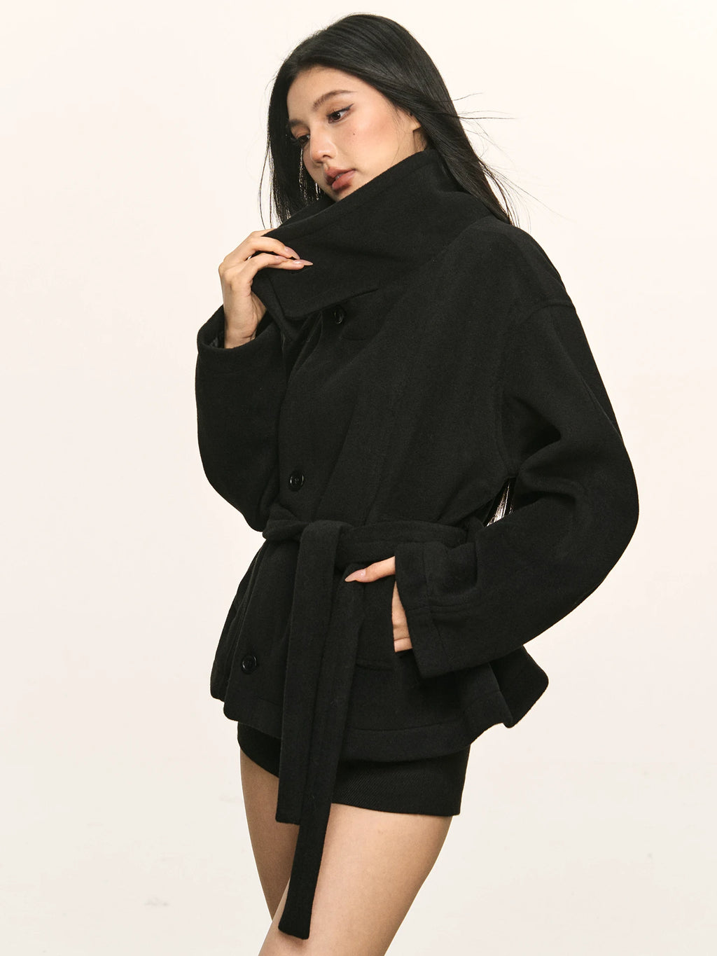Women's Wool Fall Winter Grey Mandarin Collar Cropped Coat Wrap for Cold Weather Travel Office Holiday Date Night