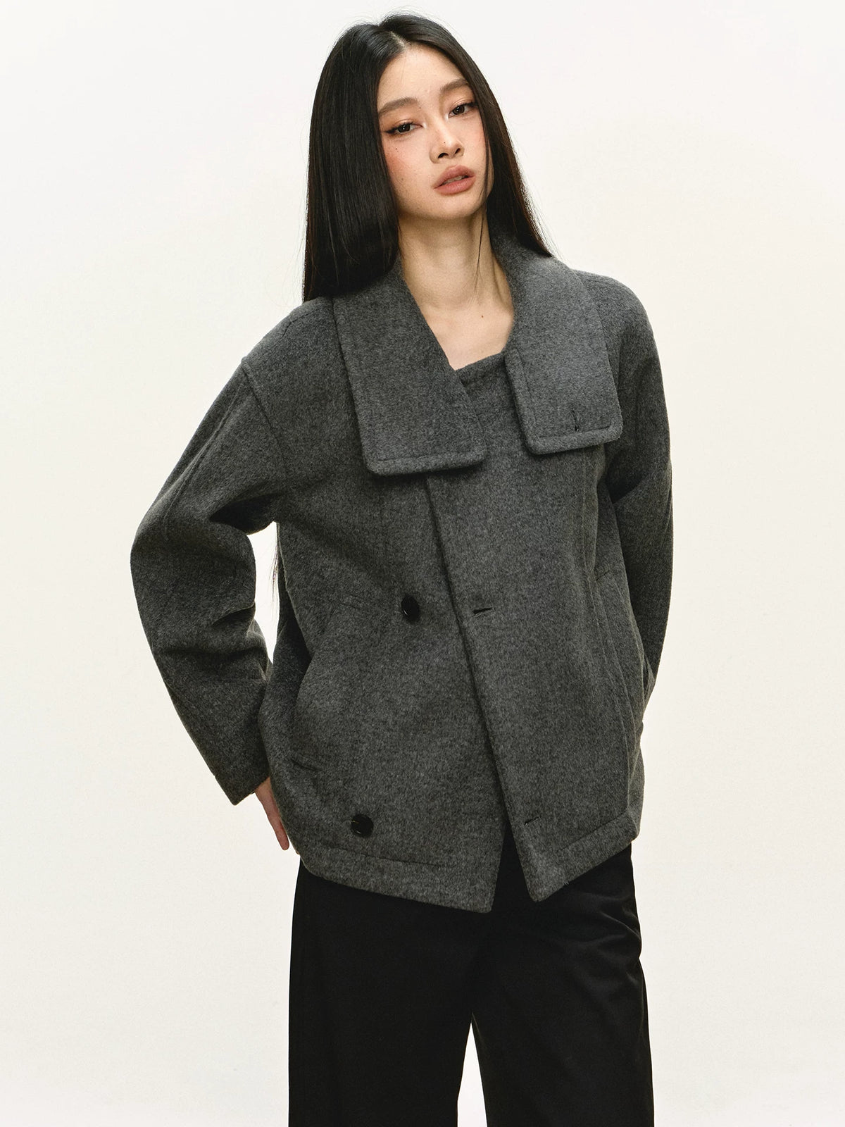 Women's Wool Fall Winter Grey Mandarin Collar Cropped Coat Wrap for Cold Weather Travel Office Holiday Date Night