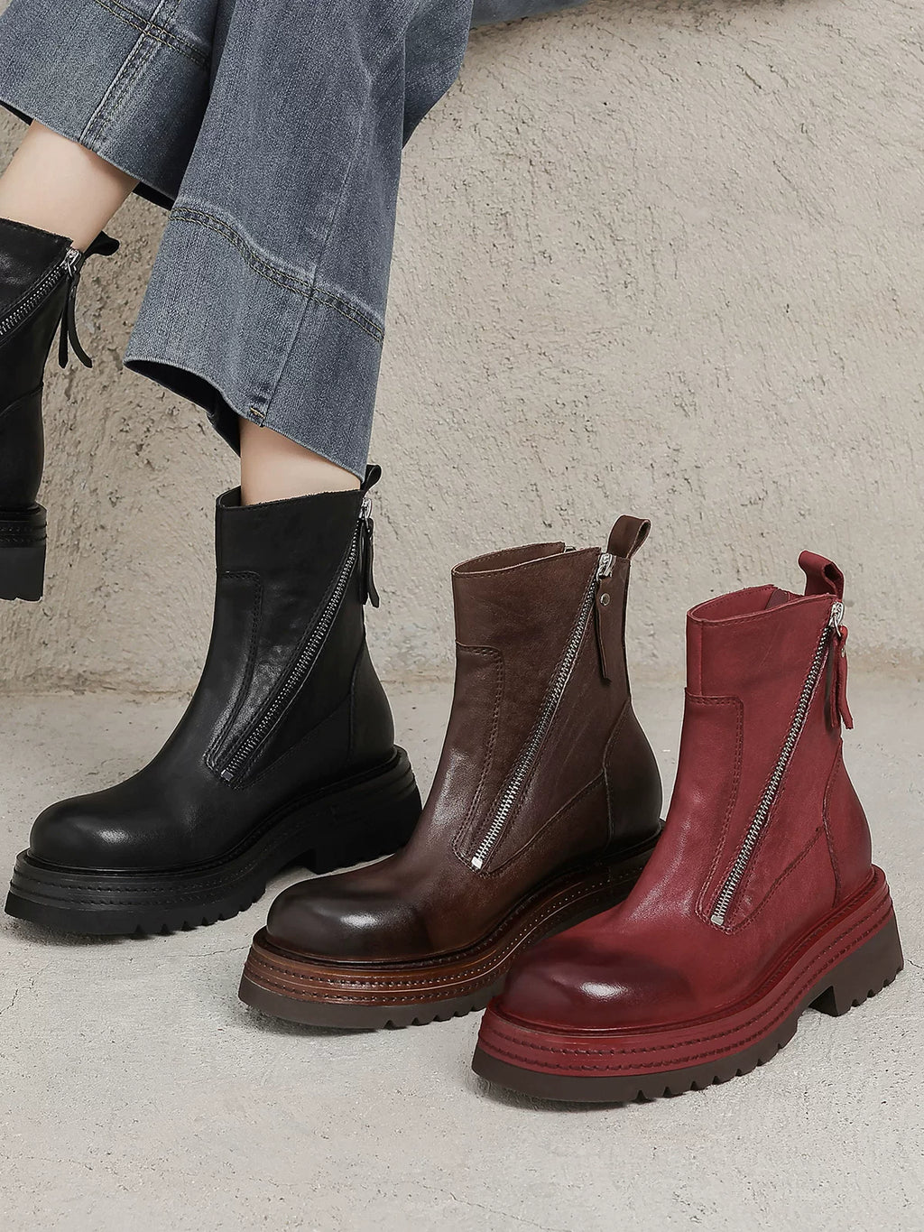 Women's Chunky Sole Leather Block Heel Zip Martin Combat Boots for Fall Outfits Streetwear Winter Office and Weekend Everyday Wear