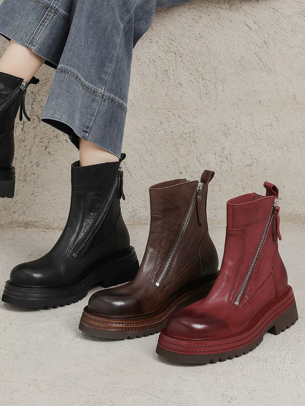 Women's Chunky Sole Leather Block Heel Zip Martin Combat Boots for Fall Outfits Streetwear Winter Office and Weekend Everyday Wear