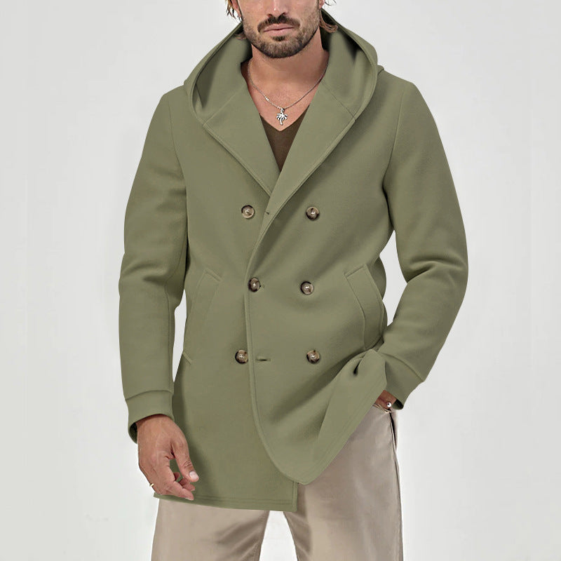 Men's Fall Winter Longline Lapel Double-Breasted Hooded Midi Casual Trench Coat Office